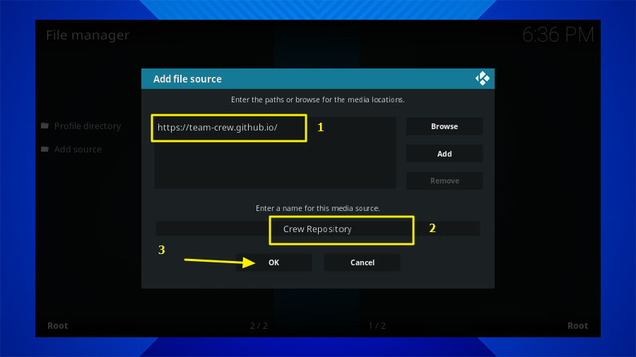 Add the URL of the Kodi repository