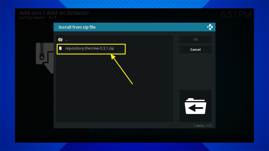 Click on the zip file on Kodi
