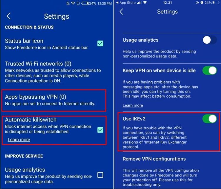 Freedome VPN app settings