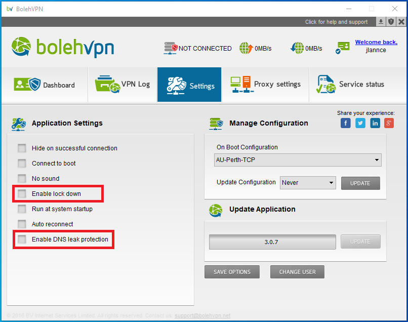 BolehVPN application settings