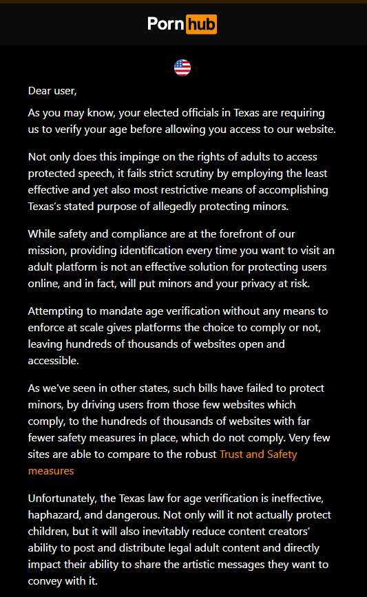 Pornhub message about age verification laws in Texas