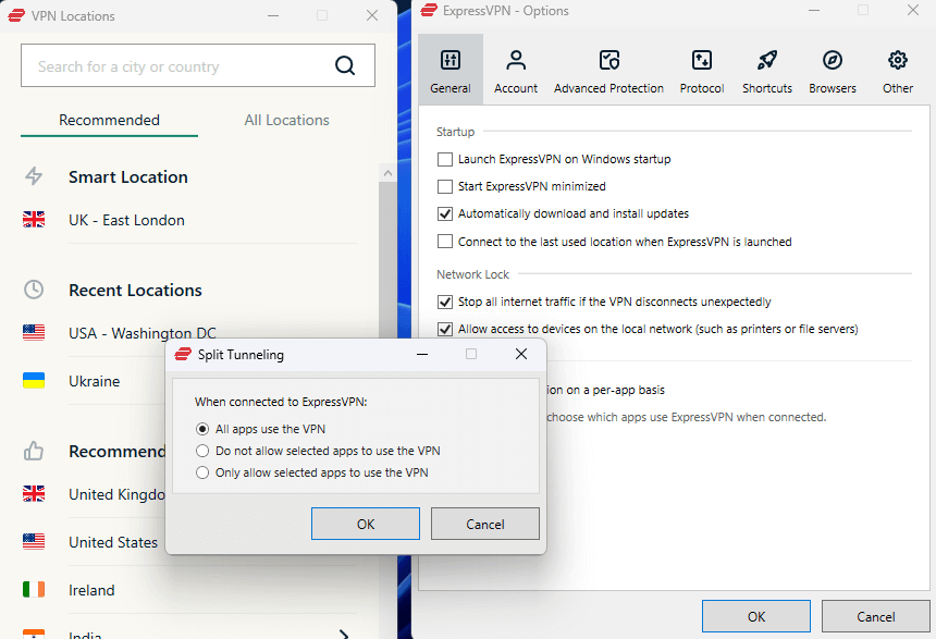 ExpressVPN’s split tunneling interface on Windows