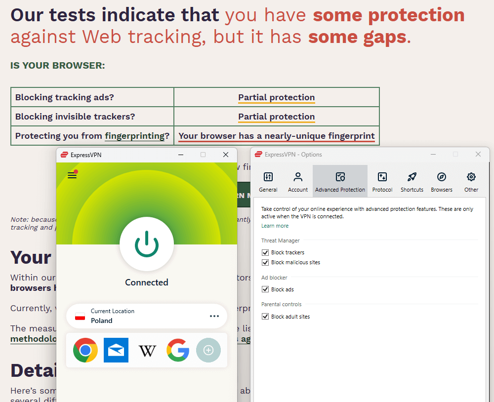 Testing ExpressVPN’s Threat Protection Pro with EFF’s Cover Your Tracks service