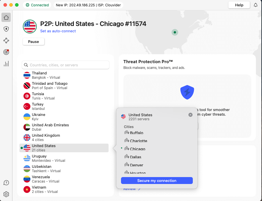 NordVPN connected to a server in Chicago