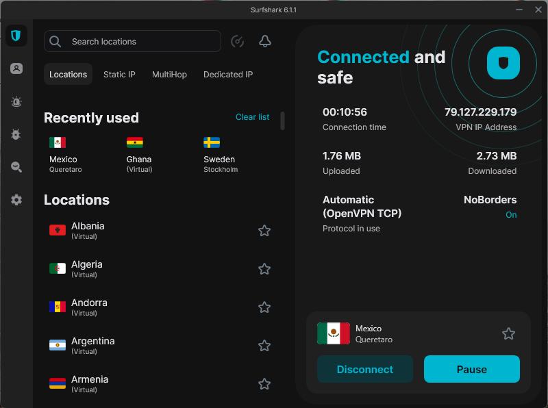 Surfshark VPN’s interface
