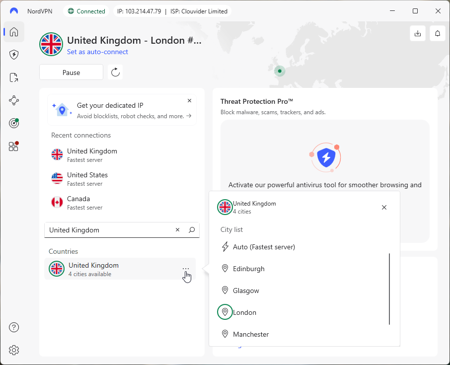 Connecting to NordVPN’s server in the UK
