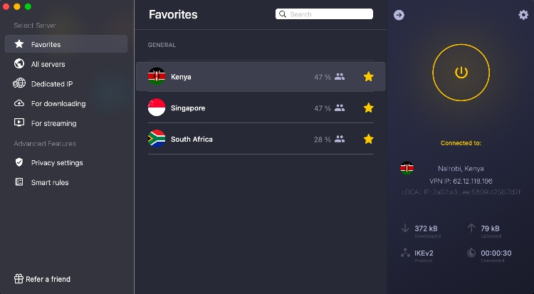 Cyberghost connected to Kenya