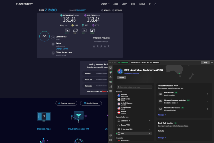 Testing NordVPN’s speeds when connected to one of its Australian servers