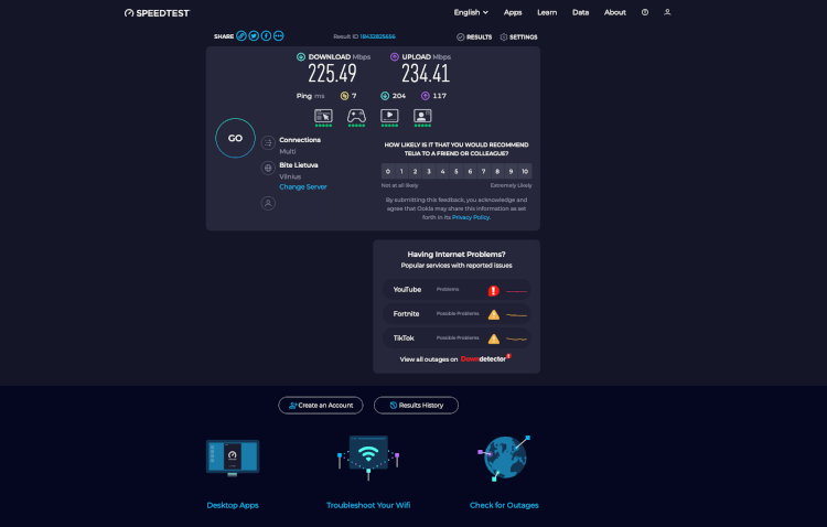 Speed test without NordVPN enabled