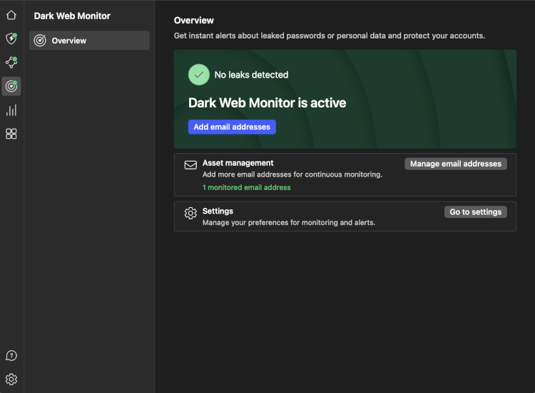 NordVPN’s Dark Web Monitor feature on the Windows app