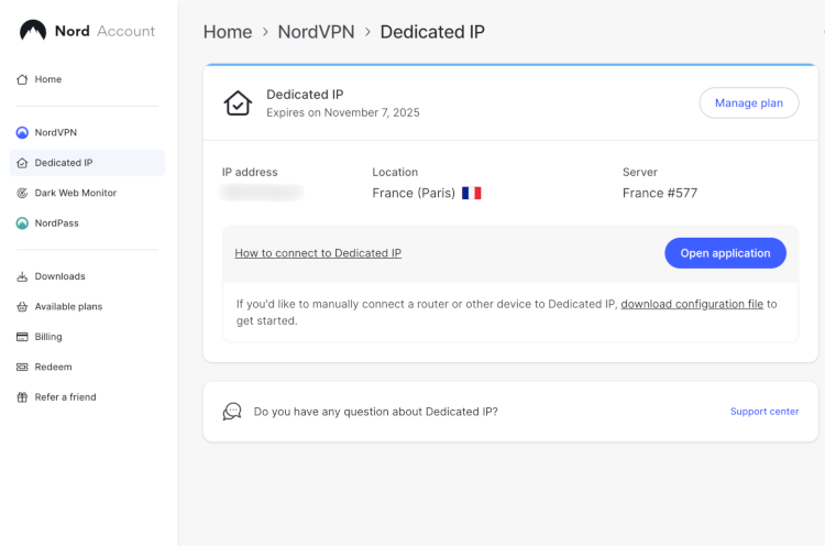 NordVPN’s dedicated IP menu in the Nord Account dashboard