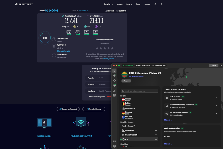 Testing NordVPN’s speeds when connected to its Lithuanian servers