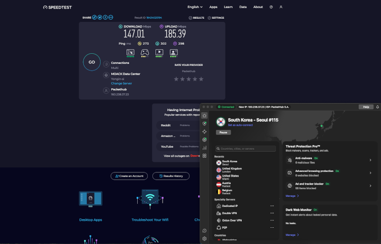 Testing NordVPN’s speeds when connected to one of its South Korean servers