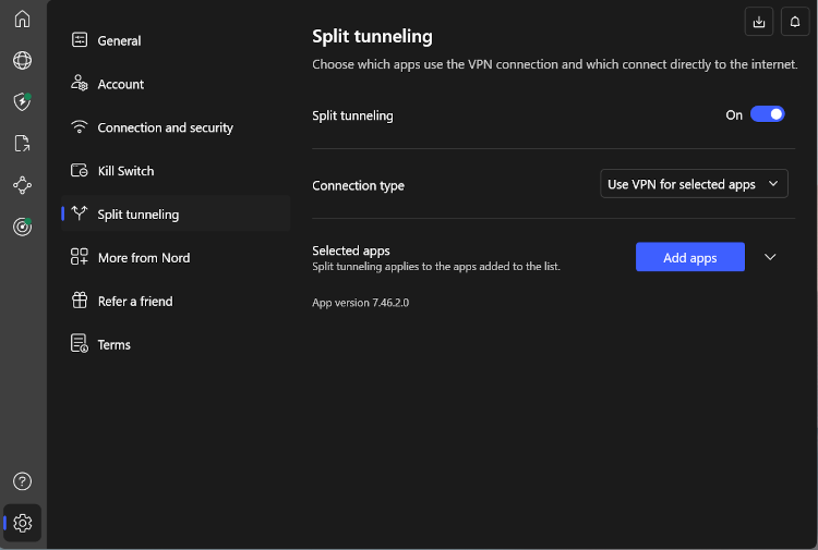 NordVPN’s split tunneling feature on the Windows app