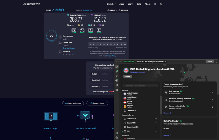 Testing NordVPN’s speeds when connected to one of its UK servers