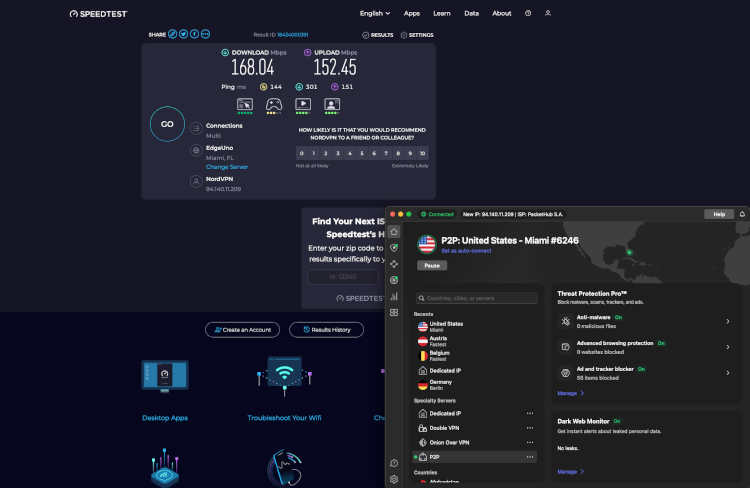 Testing NordVPN’s speeds when connected to one of its US servers