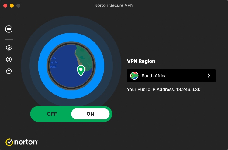 Norton VPN connected to South Africa