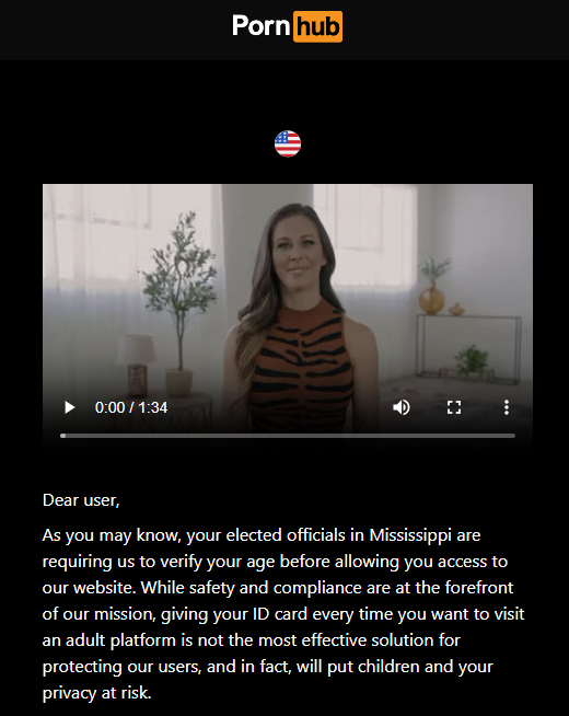 Pornhub message that it's blocked when accessing from Mississippi