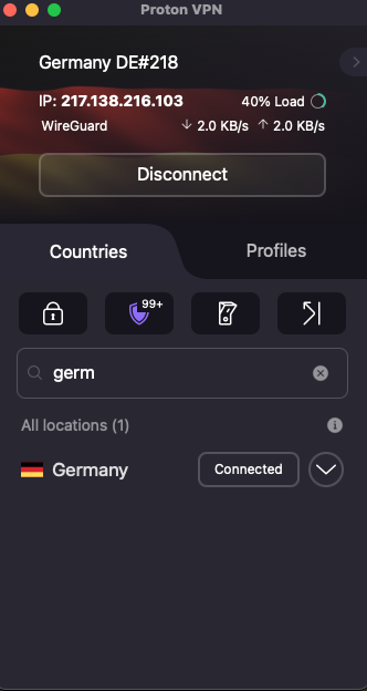 Proton VPN connected to Germany