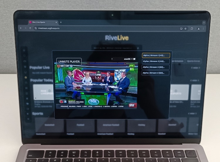 Live sports coverage on Rivestream.org displayed on a laptop