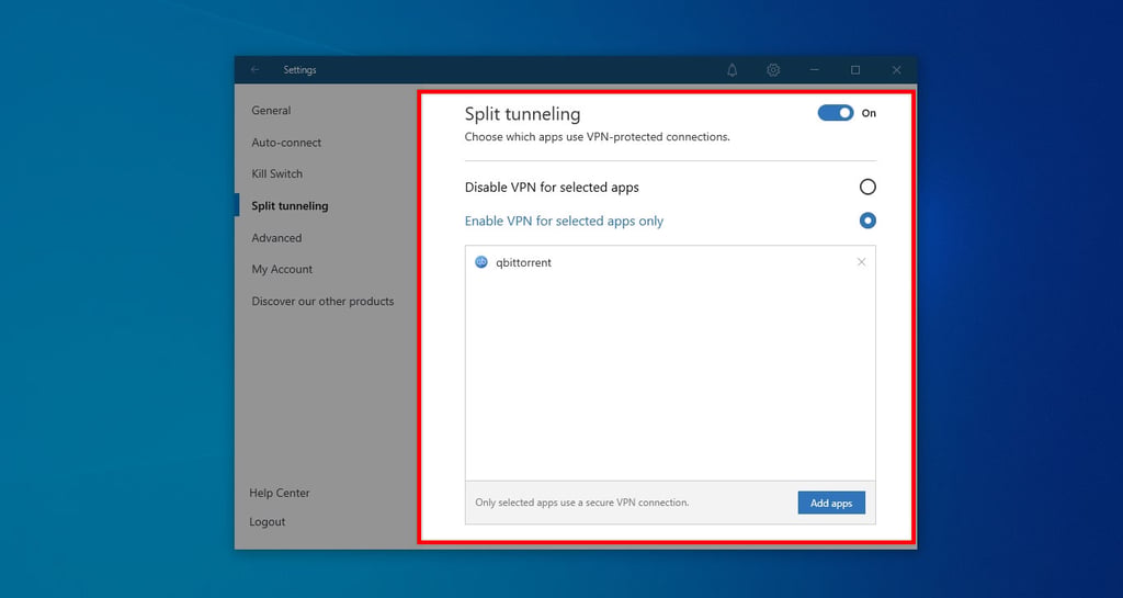 NordVPN Split Tunneling feature