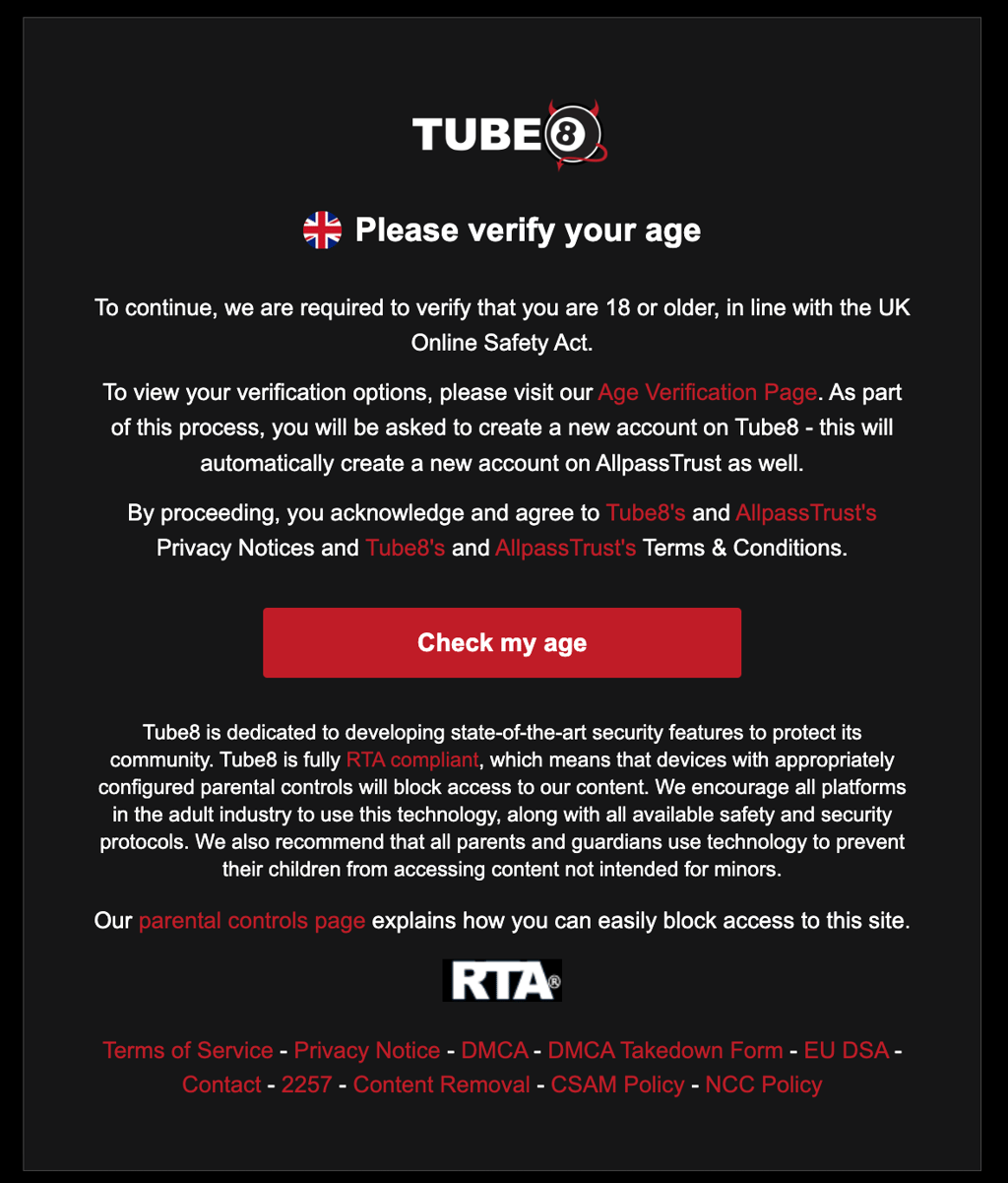 Age verification prompt for Tube8 users in the UK