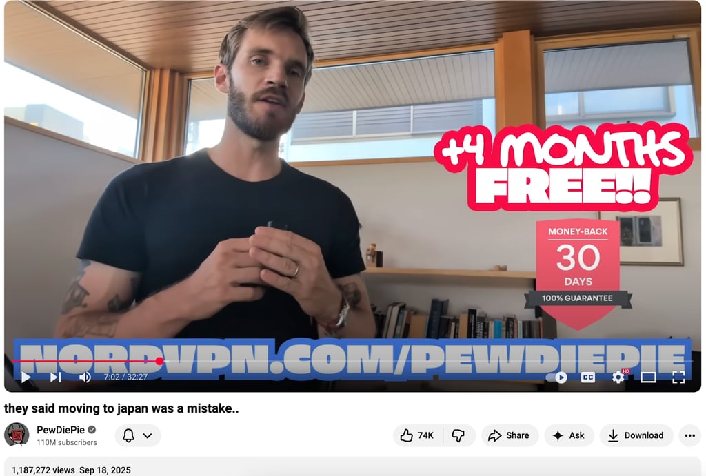 NordVPN ad on PewDiePie’s video