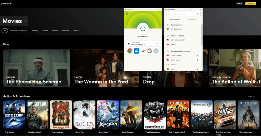 ExpressVPN unblocking Peacock with its servers in the US