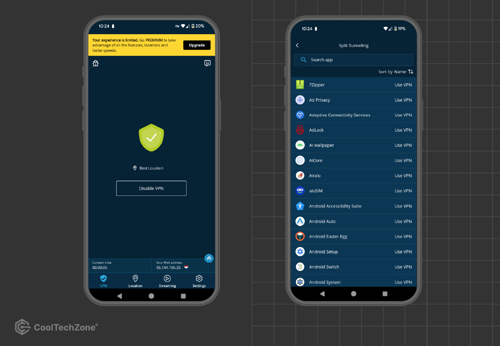 Hide.me Android app interface