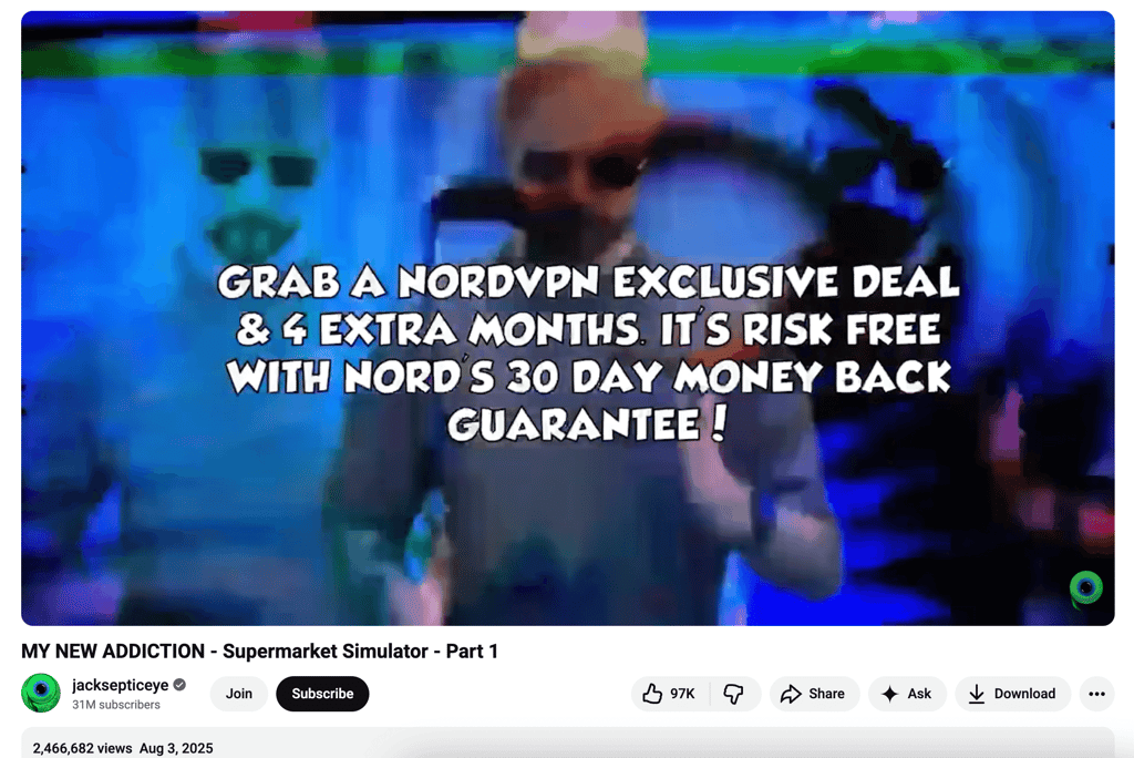 NordVPN code on the jacksepticeye channel