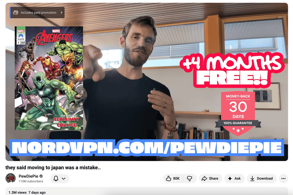 NordVPN code on the PewDiePie channel