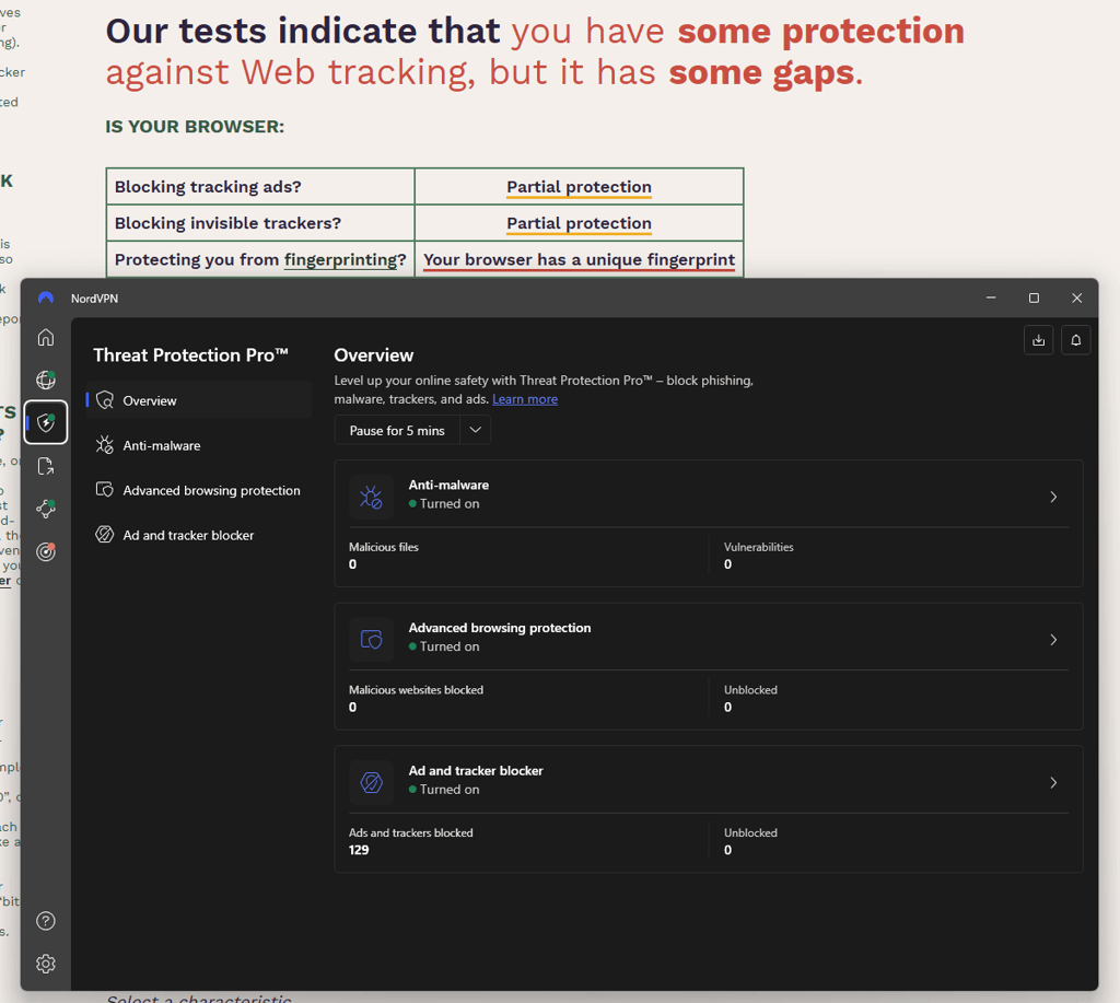 Testing NordVPN’s Threat Protection Pro with EFF’s Cover Your Tracks service