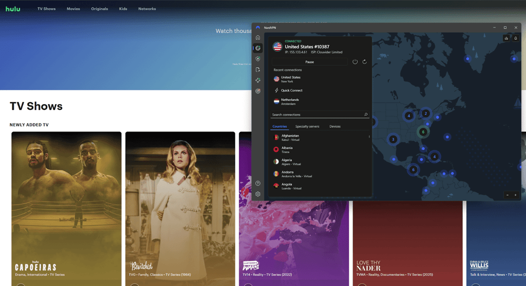 NordVPN unblocking Hulu with its servers in the US