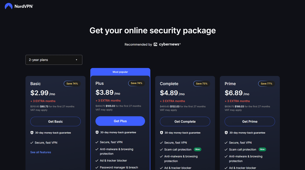 NordVPN’s available subscription plans