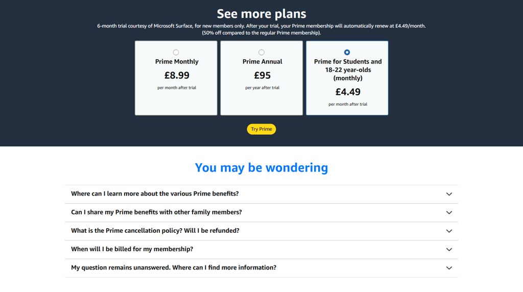 Amazon Prime’s available subscription options in the UK