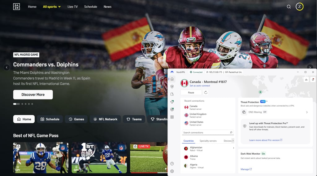 Accessing NFL Game Pass on DAZN with NordVPN enabled