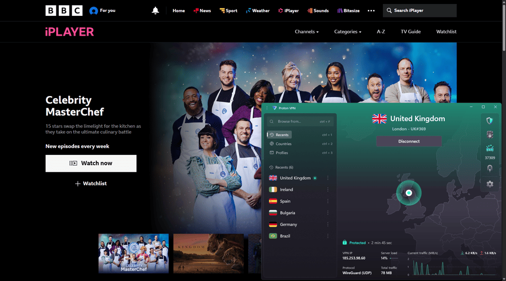 Proton VPN unblocking Celebrity MasterChef on BBC iPlayer