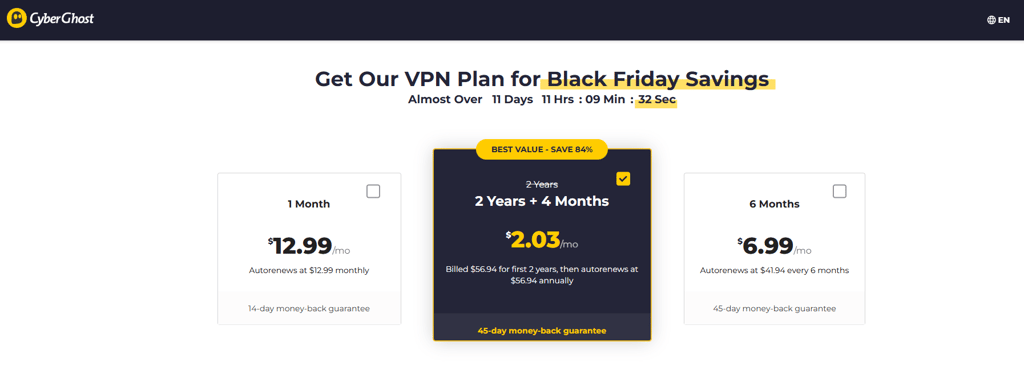 CyberGhost Black Friday pricing