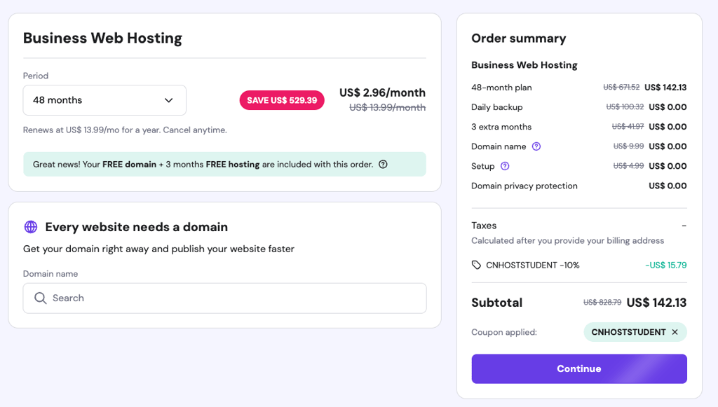 Hostinger student discount checkout