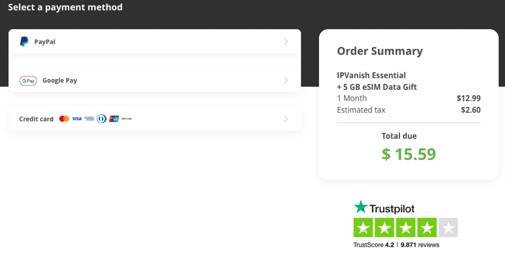 IPVanish checkout page November 2025