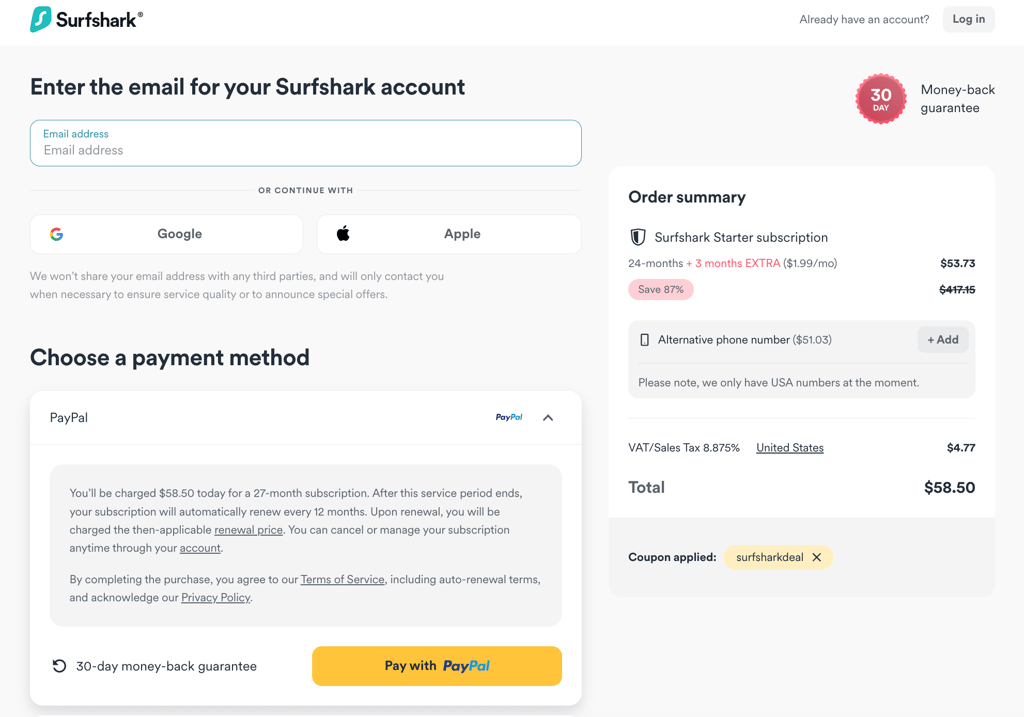 Surfshark checkout
