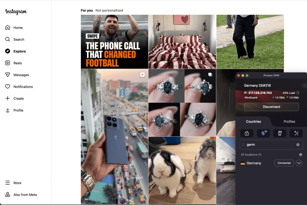 Unblocking Instagram with Proton VPN enabled