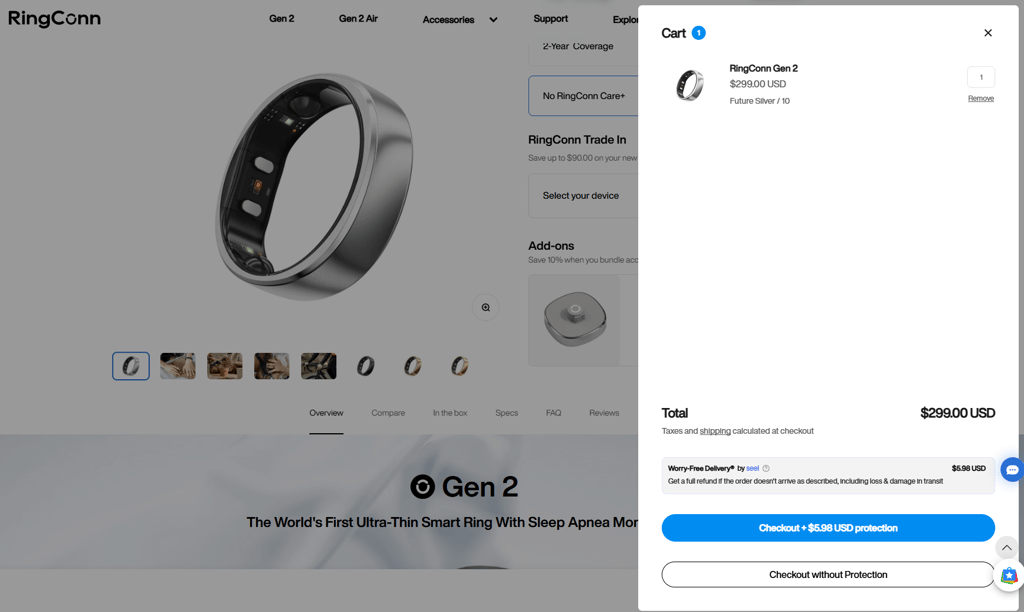 RingConn add to cart page
