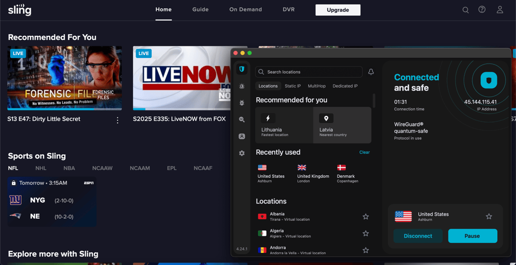 Streaming Sling TV with Surfshark