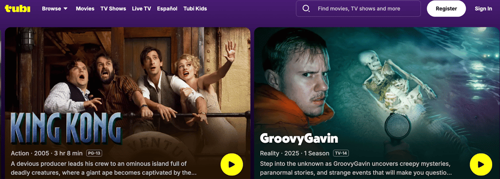 Tubi home page main