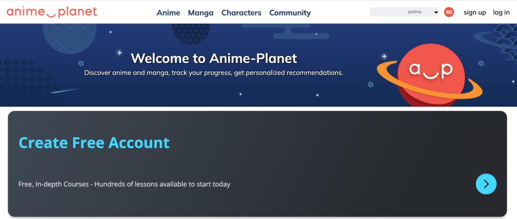 AnimePlanet home page