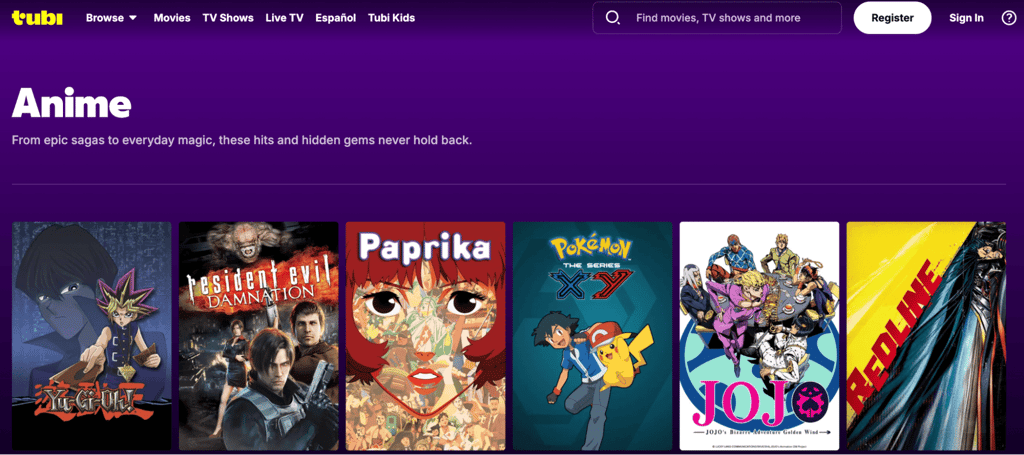 Tubi home page