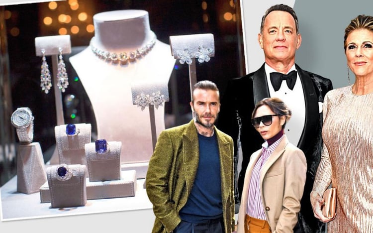 Tom Hanks, his wife, Rita Willison, and David Beckham, his wife Victoria Beckham, known clients of G