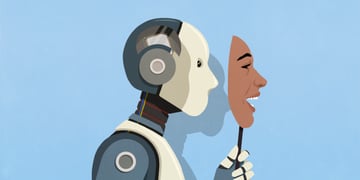 white robot from profile, black mans face as mask