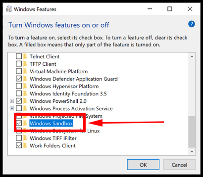 Enabling Windows Sandbox in Windows Features Dialog Box